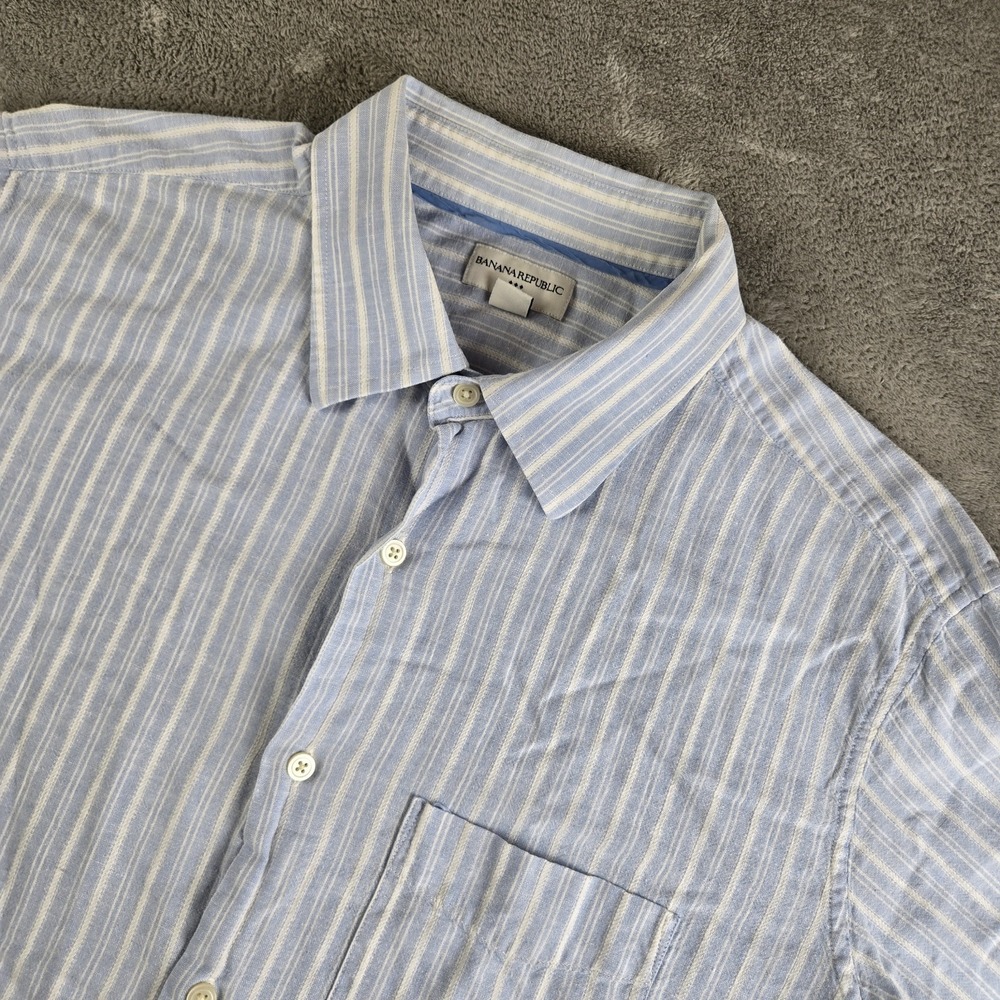 Banana Republic Shirt Mens XL 17/17.5 Blue White Striped Linen Blend Nautical